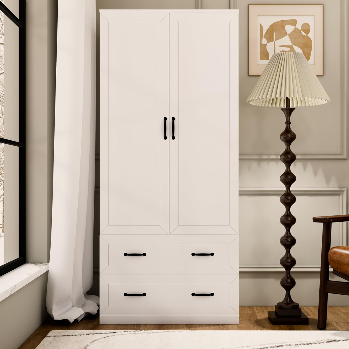NewBeth 71" Wood Armoire Wardrobe Closet with 2 Doors and 2 Drawers, Clothes Storage Organizer Cabinets with Hanging Rod Freestanding Wardrobe for Bedroom, White (Style 2) NewBeth