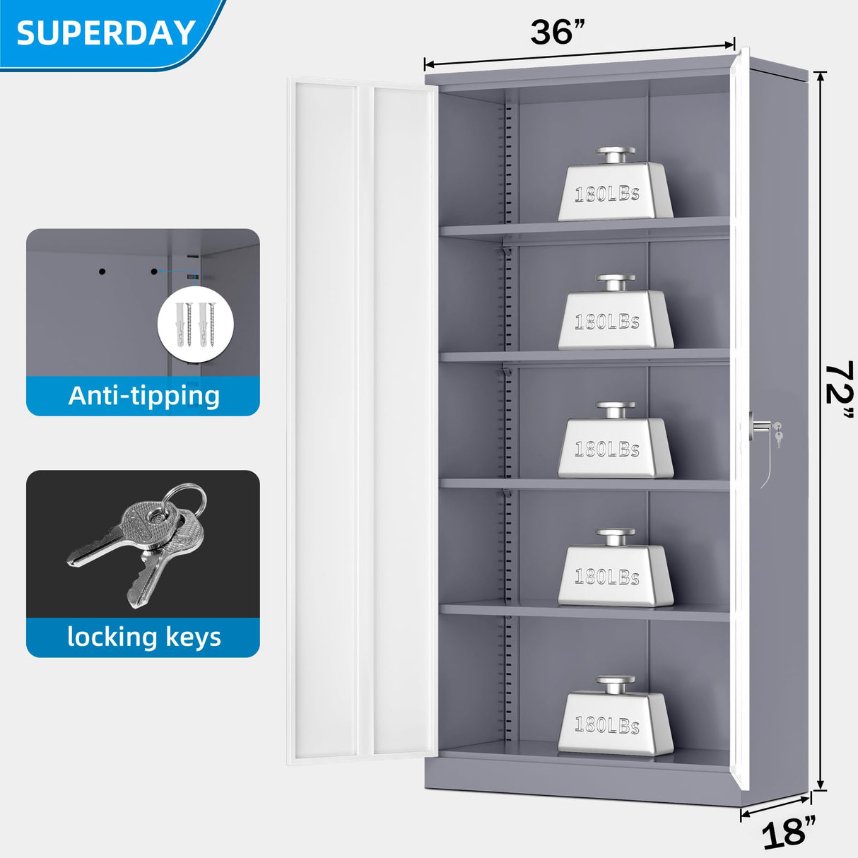Superday Metal Storage Cabinets, 72" Storage Cabinet with Locking Door, Tall Garage Cabinet with 2 Doors and 4 Adjustable Shelves for Home Office, Classroom, Easy Assemble(White Grey) Superday