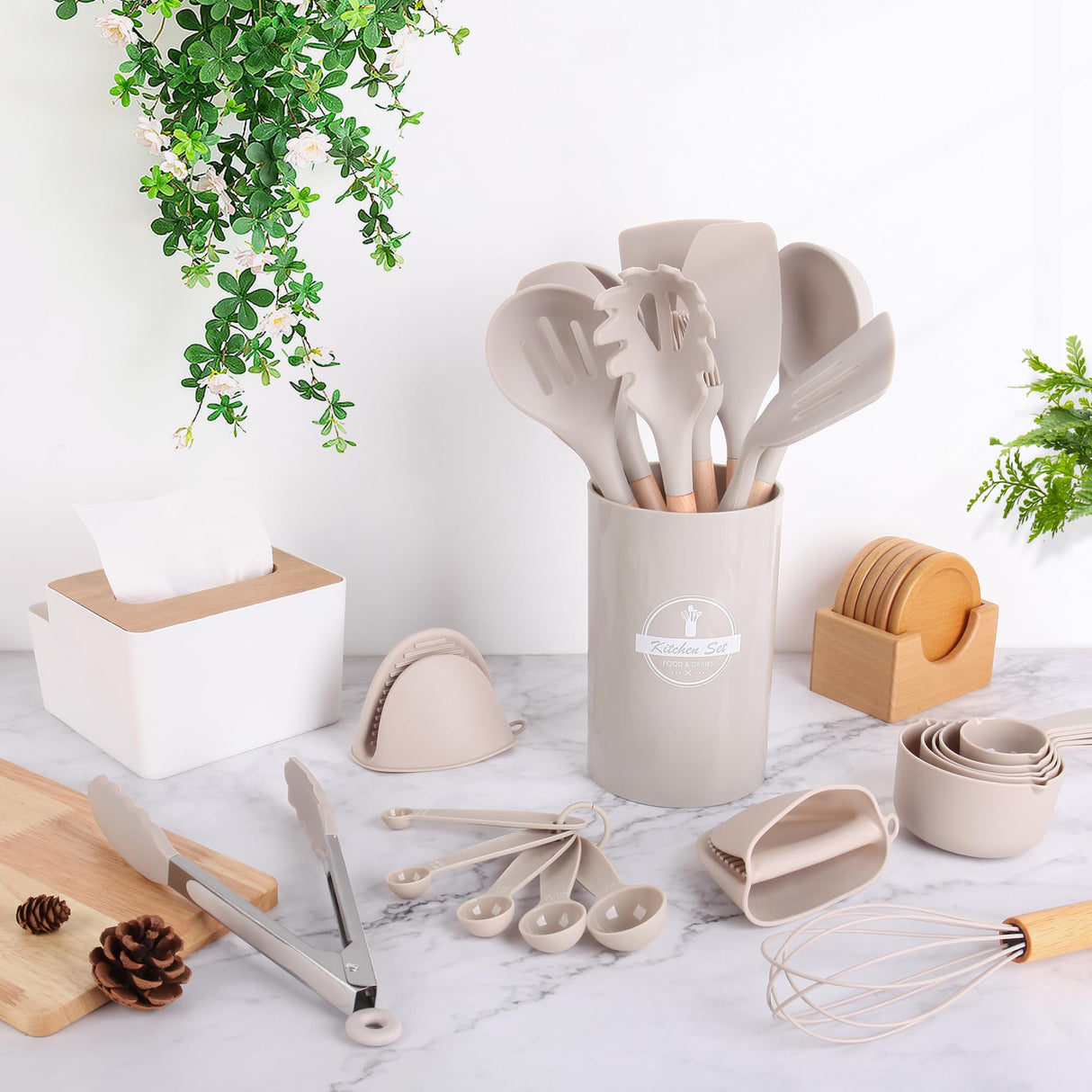 24 Pcs Kitchen Cooking Utensils Set,446°F Heat Resistant Non-Stick Silicone Kitchen Utensil Set With Wooden Handles and Holder,Kitchen Gadgets for Cookware,Kitchen Accessories,Khaki Hoenart