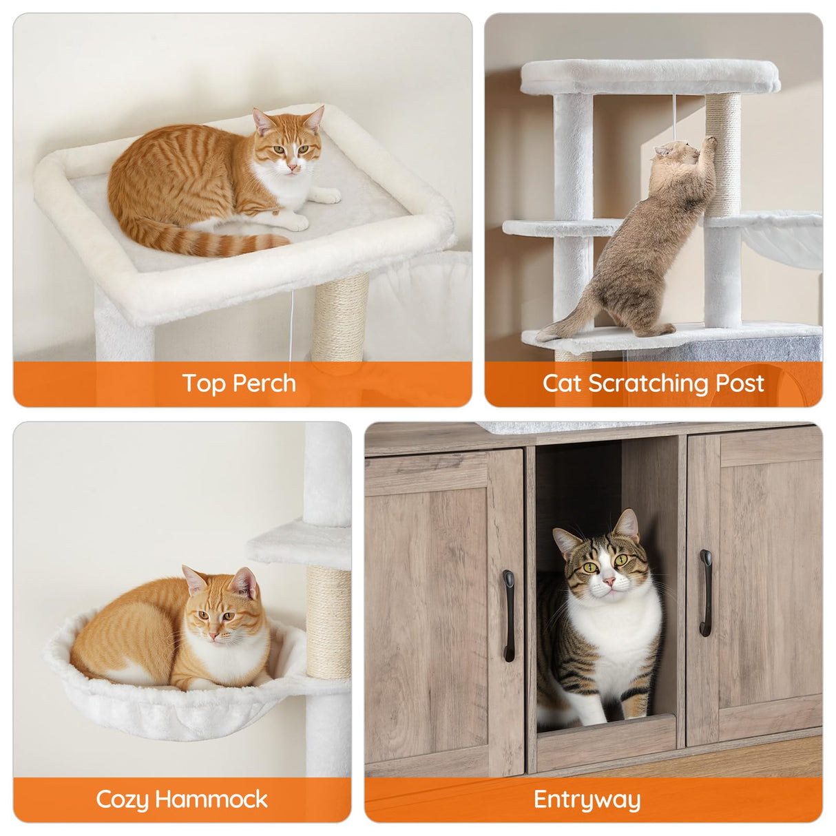 HOOBRO Cat Tree with 47.2" Dual Litter Box Enclosure, 63.4" Tall Multi-Functional Tower for Cats, Hidden Litter Box Enclosure Furniture, with Feeding Bowls, Scratching Posts, Hammocks, Greige BG23MZ03 HOOBRO