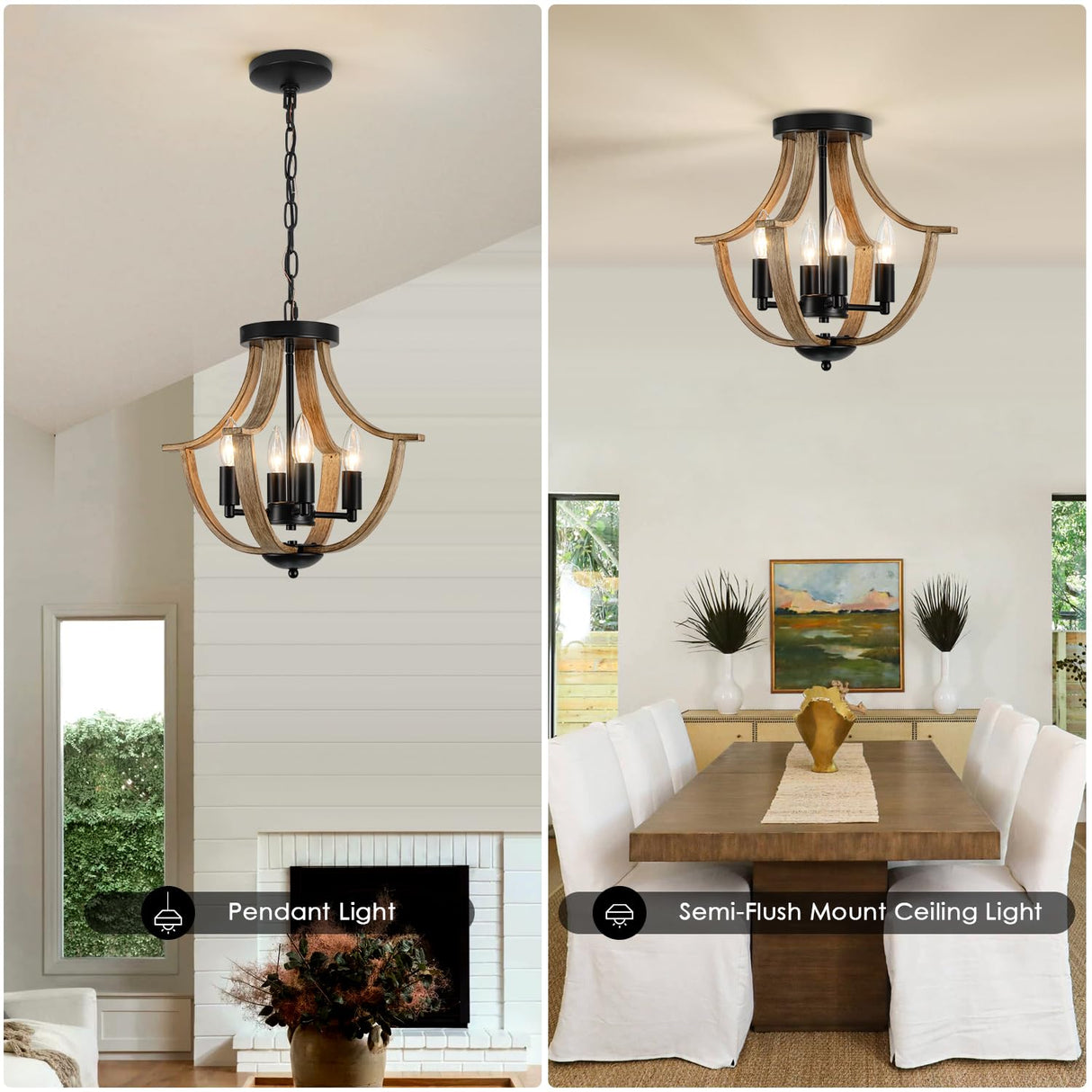 LAMPKEDUO Farmhouse Hanging Pendant Lighting, 4-Light Rustic Flush Mount Ceiling Light Fixture,Modern Faux Wood Vintage Chandelier for Dining Room Kitchen Island Foyer Hallway Entryway Bedroom LAMPKEDUO