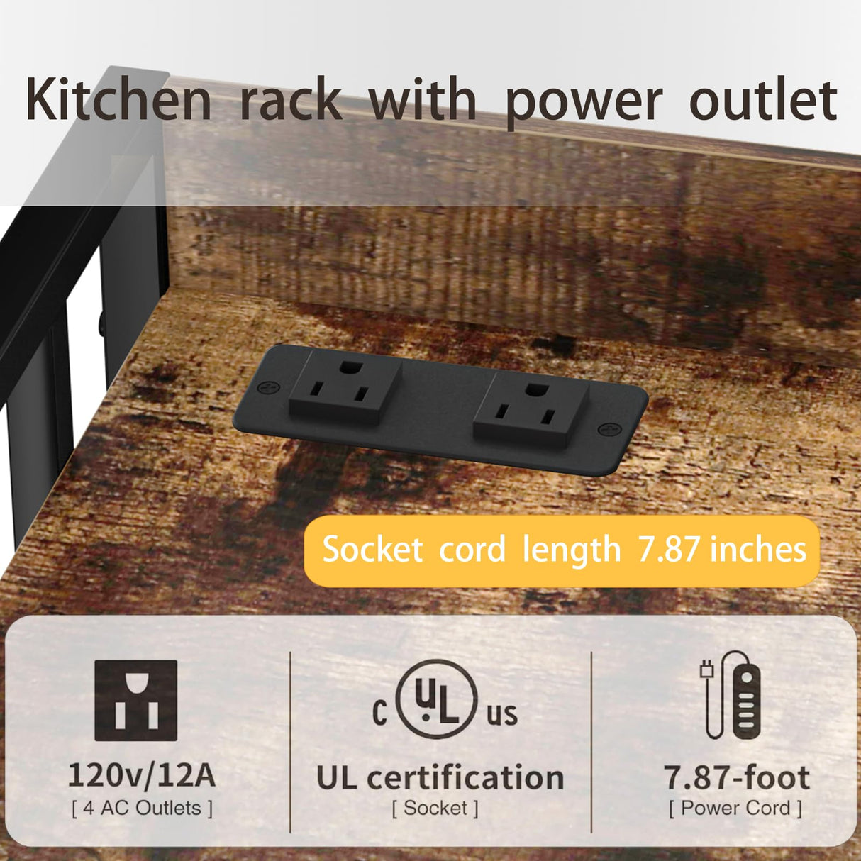 TIFFLOI 4-Tier Rustic Brown Bakers Rack, Black Frame, Top Power Outlet, 70lbs/Shelf, 2 Adjustable Shelves, Small Kitchen & Coffee Bar TIFFLOI