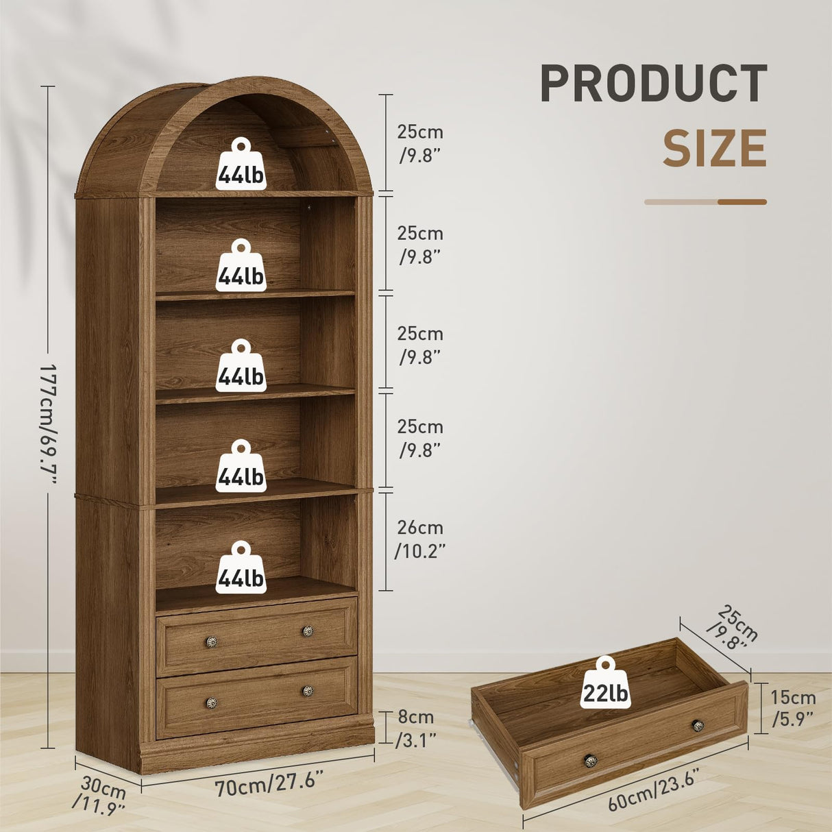 RALGEND Farmhouse Arched Bookshelf, 7 Tiers Arch Bookcase with 2 Spacious Drawers, Modern Book Shelf with Open Display Shelves and Storage Cabinet, for Office, Living Room, Kitchen, Walnut RALGEND