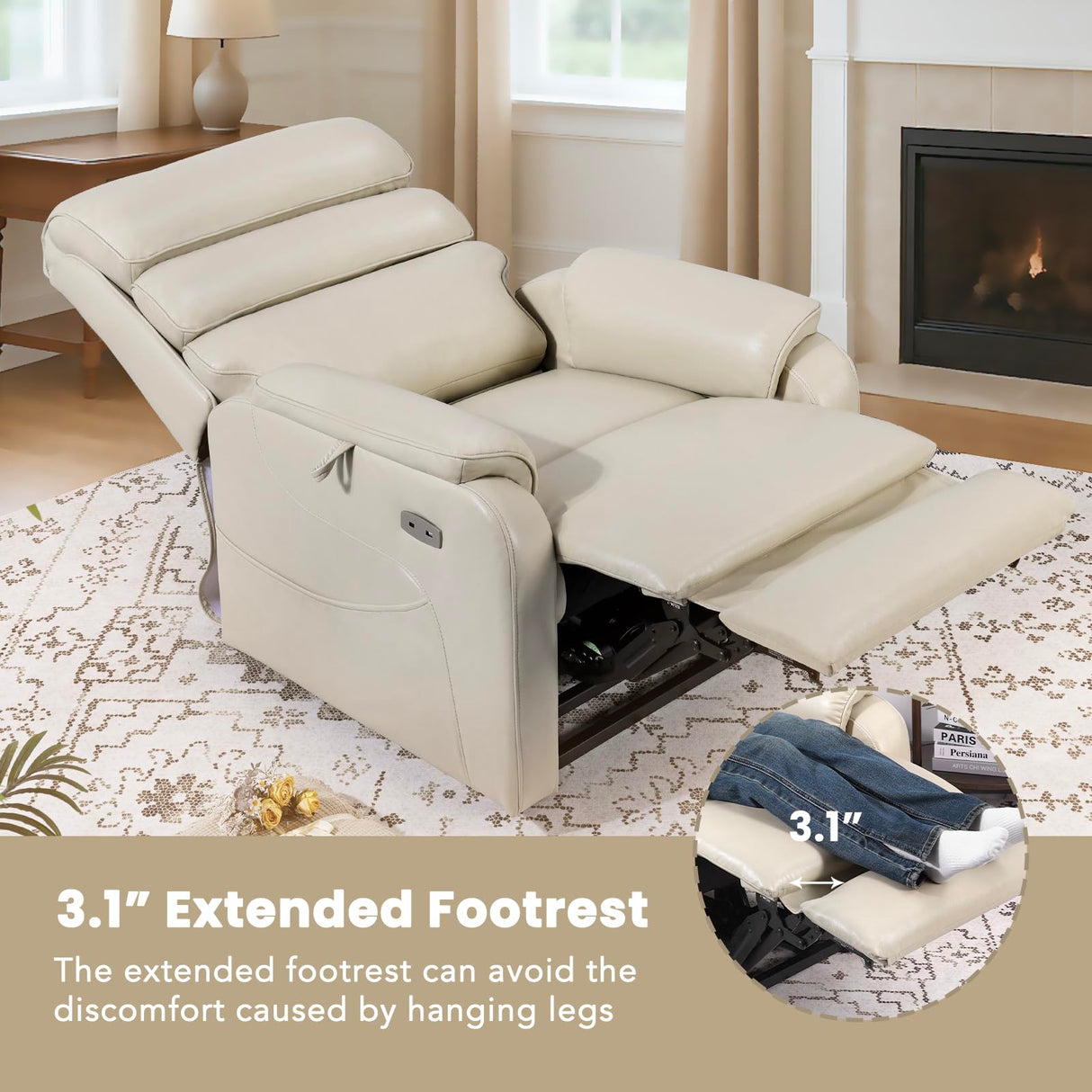 EONIX Dual Motor Lay Flat Power Lift Recliner Chair for Elderly, Breathable Leather Electric Lift Chairs for Adults, 400lbs Heavy Duty Power Recliner with Heat and Massage, SLRY003061, Cream White EONIX