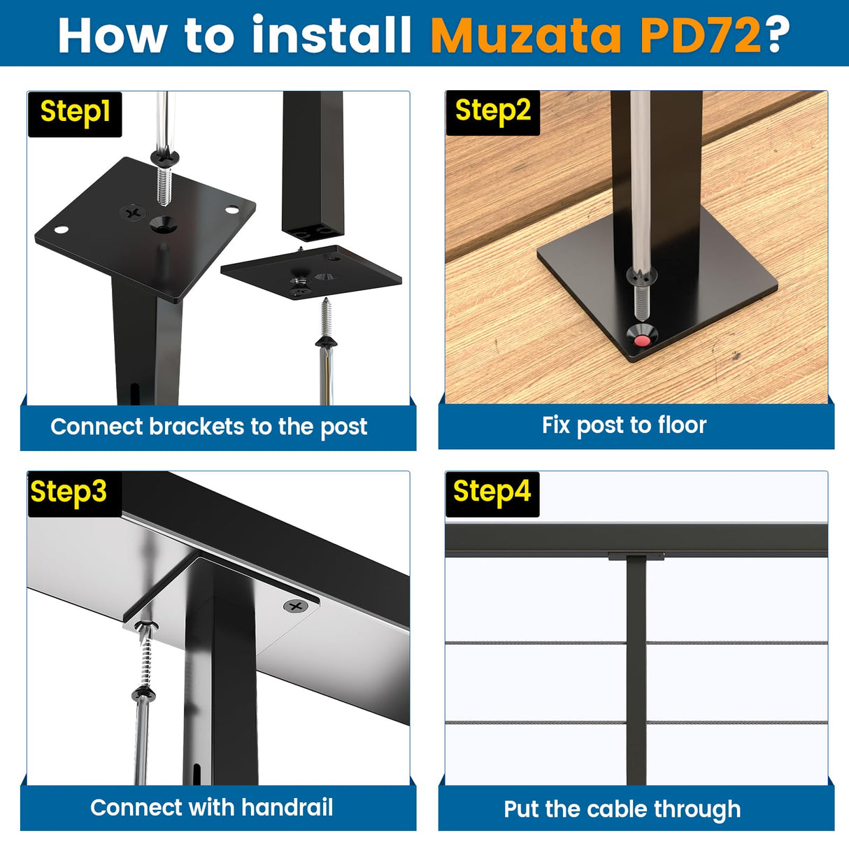 Muzata 2Pack Black Aluminum Intermediate Cable Railing Post Level drilled 36" x3/4" Surface Mount Cable Railing System Kit Square Stabilizer Post with Flat Bracket Indoor Outdoor Seaside PD72 BHAS Muzata