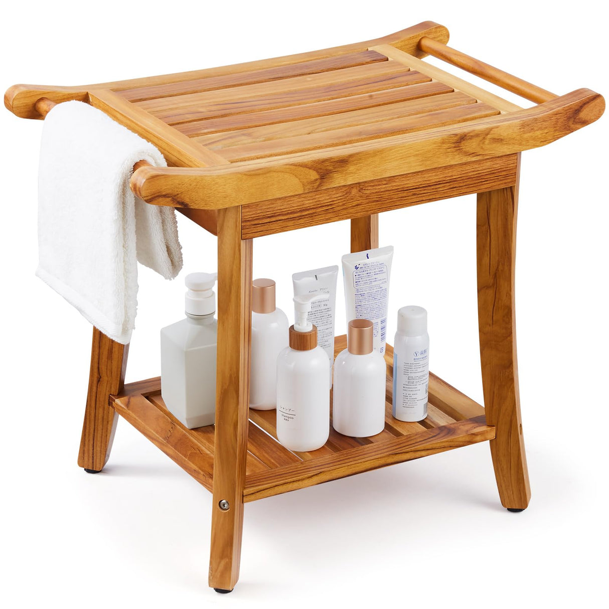 VEVOR Teak Shower Bench with Handles, 22in Waterproof Wood Shower Stool with Storage Shelf Non-Slip Feet, 300 lbs Load Capacity Shower Chair Seat, for Bathroom Indoor and Outdoor Use VEVOR