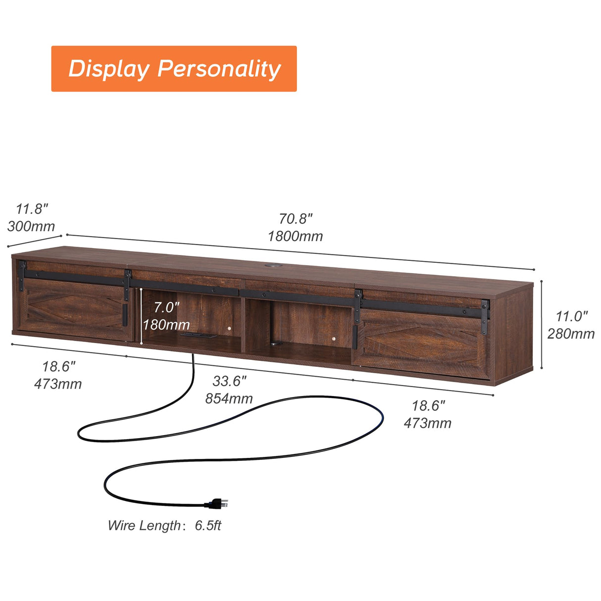 WAMPAT Floating TV Stand for TVs up to 80 Inch, Wood Floating Entertainment Center with Sliding Barn Door, Floating TV Shelf for Living Room, Bedroom, Rustic Brown WAMPAT