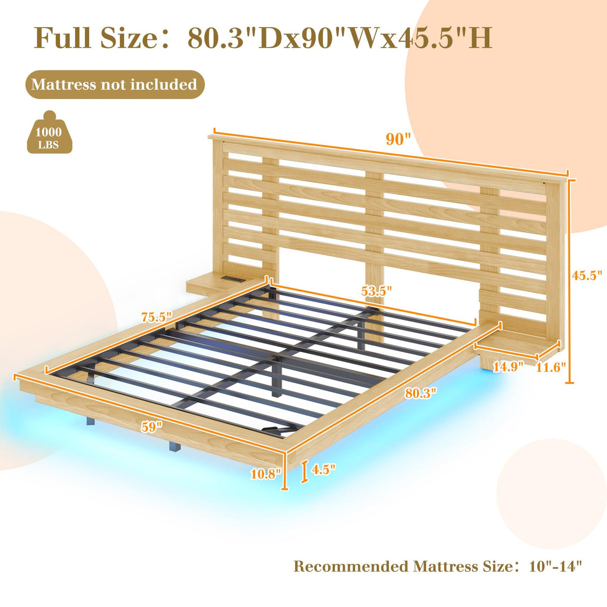 Albott Farmhouse Floating Bed Frame with Extended Headboard, LED Lights & Integrated Charging Station - Natural Oak Albott