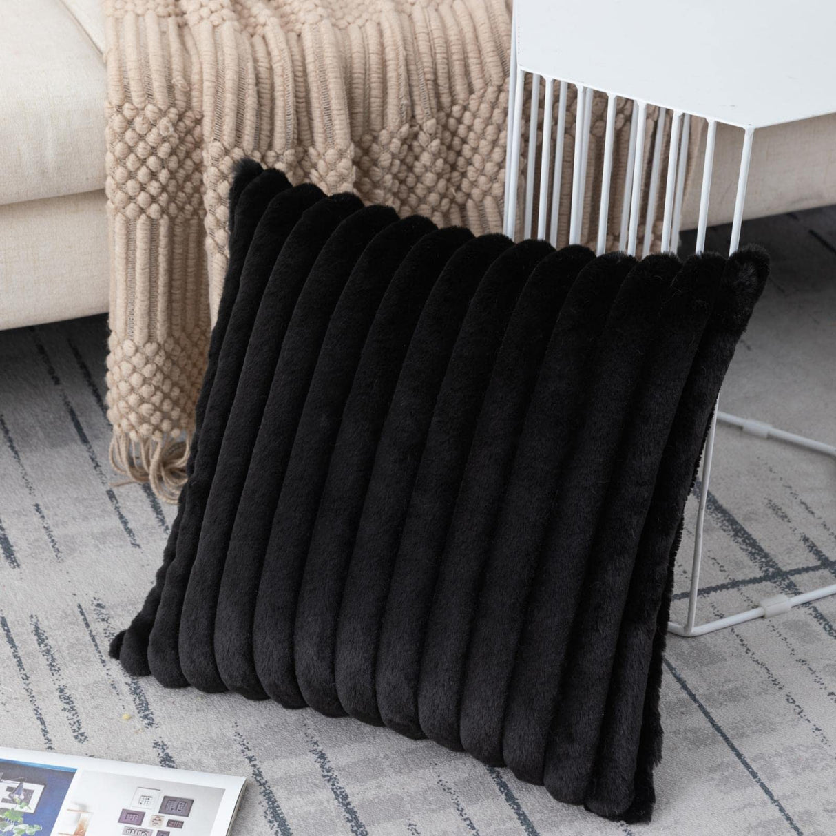 ZLINA Set of 2 Black Faux Fur Decorative Throw Pillow Covers Fluffy Striped Pillowcase Cushion Covers 18 x 18 Inch Decor Sofa Couch Bedroom ZLINA