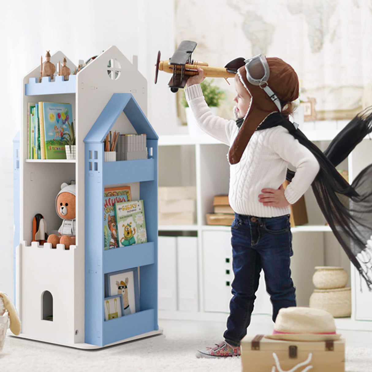 MYOYAY 360° Rotating Children's Bookshelf - 3 Tier Swivel Bookcase in Blue, Ideal for Kids' Bedroom Storage MYOYAY
