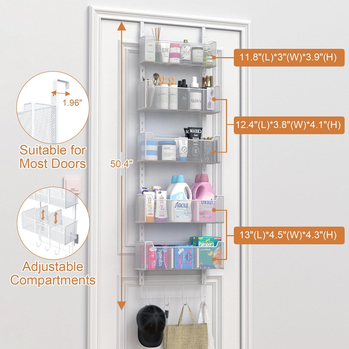VyGrow Over The Door Organizer, Metal Door Organizer Hanging with 5 Adjustable Baskets and Coat Hook, Behind The Door Storage for Bedroom Closet Bathroom Pantry Cabinet Kitchen, White VyGrow