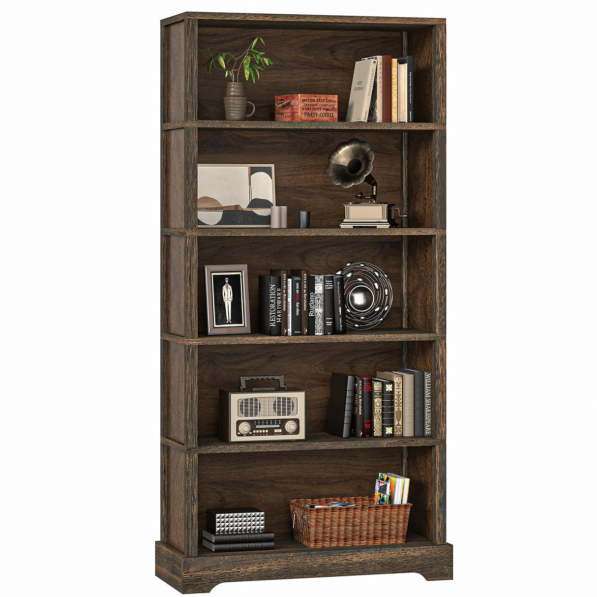 5-Shelf Wood Bookcase, 65 Inch Tall Bookshelf with Storage, Floor Standing Display Book Shelf (Rustic Brown) TVU