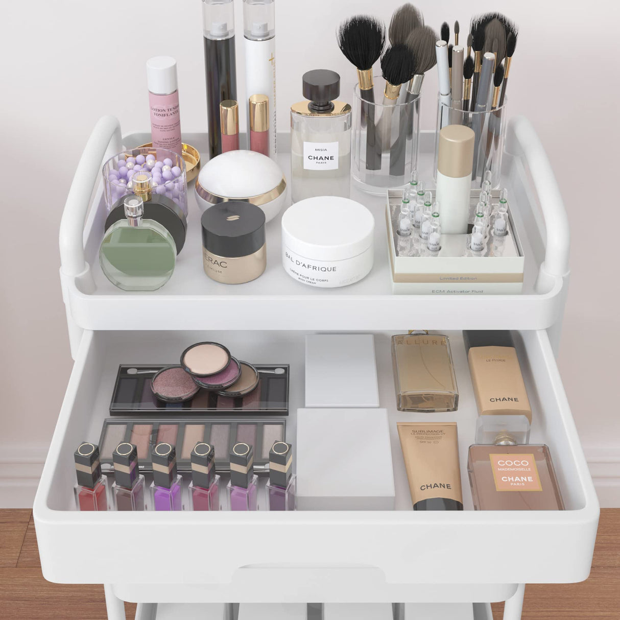 Calmootey 3-Tier Rolling Utility Cart with Drawer,Multifunctional Storage Organizer with Plastic Shelf & Metal Wheels,Storage Cart for Kitchen,Bathroom,Living Room,Office,White Calmootey