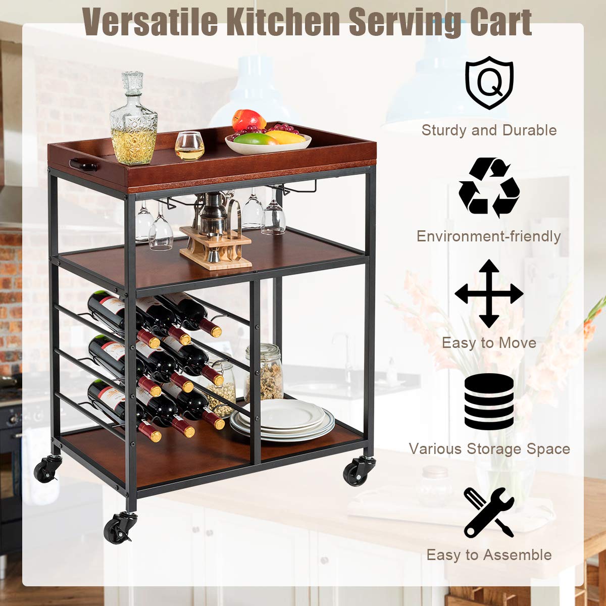Giantex 3-Tier Kitchen Island Cart Rolling Trolley Industrial Style Serving Cart Utility Cart Wood Kitchen Stand with Glasses Holder and 9 Wine Bottles Rack Metal Frame and Castors (Rustic Brown) Giantex