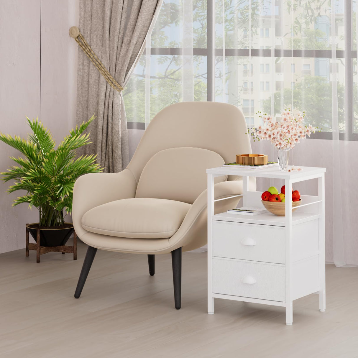 Furologee Nightstand with 2 Fabric Drawers, White Bedside Table, End Table with 2-Tier Shelf, Side Table with Hooks and Wood Top for Bedroom/Living Room/Hallway/White Furologee