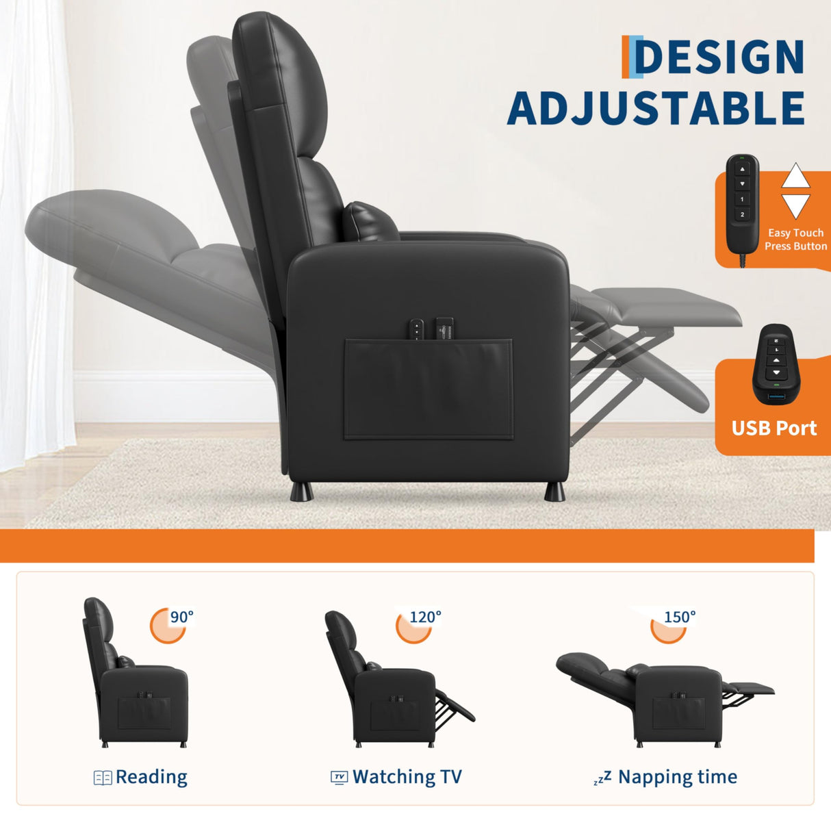 GarveeHome Power Recliner Chair with Massage and Heat, Adjustable Electric Recliner Ergonomic Overstuffed PU Leather Single Sofa, 2 Side Pockets and USB Port, Home Theater Seating for Living Room GarveeHome