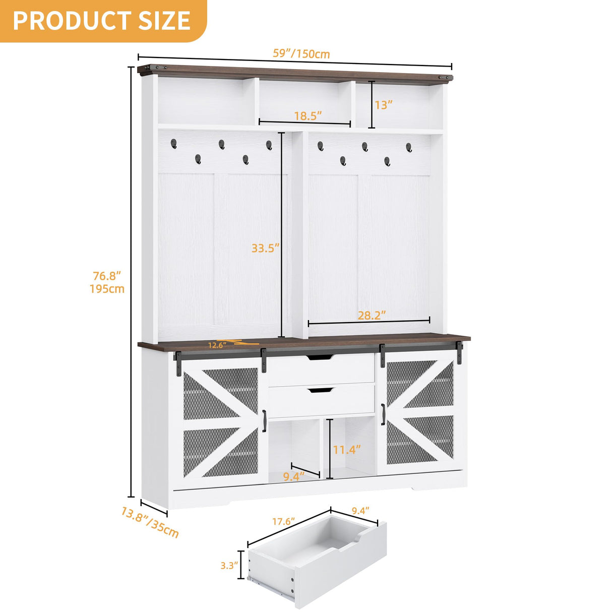 DWVO 59" Wide Hall Tree with Bench and Storage for Hallway Entryway, Coat Rack with Adjustable LED Light, Sliding Barn Doors, 10 Shoe Cubbies & 10 Coat Hooks for Bedchamber Living Room (Rustic White) DWVO