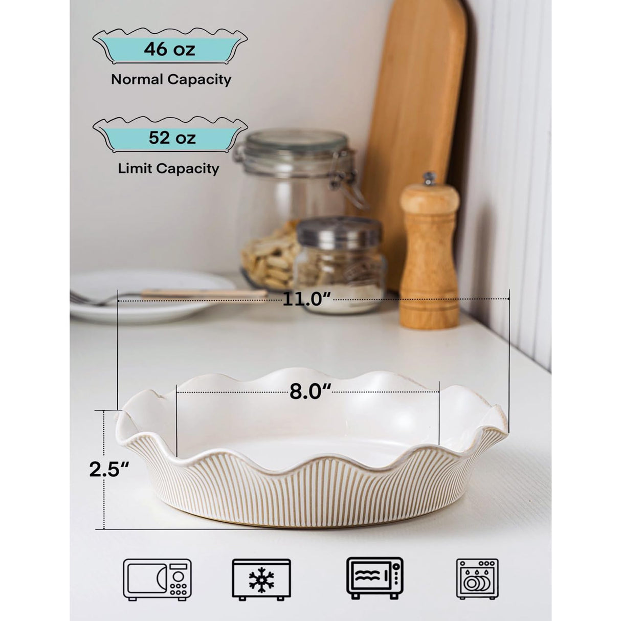 MIKIGEY Ceramic Deep Pie Pan for Baking, 11 inch Porcelain Pie Dish for Apple Pie, Oven & Dishwasher Safe, Farmhouse Decor, 48 Ounce Deep Plate for Kitchen, Non-Stick Pie Pans,Off-White MIKIGEY