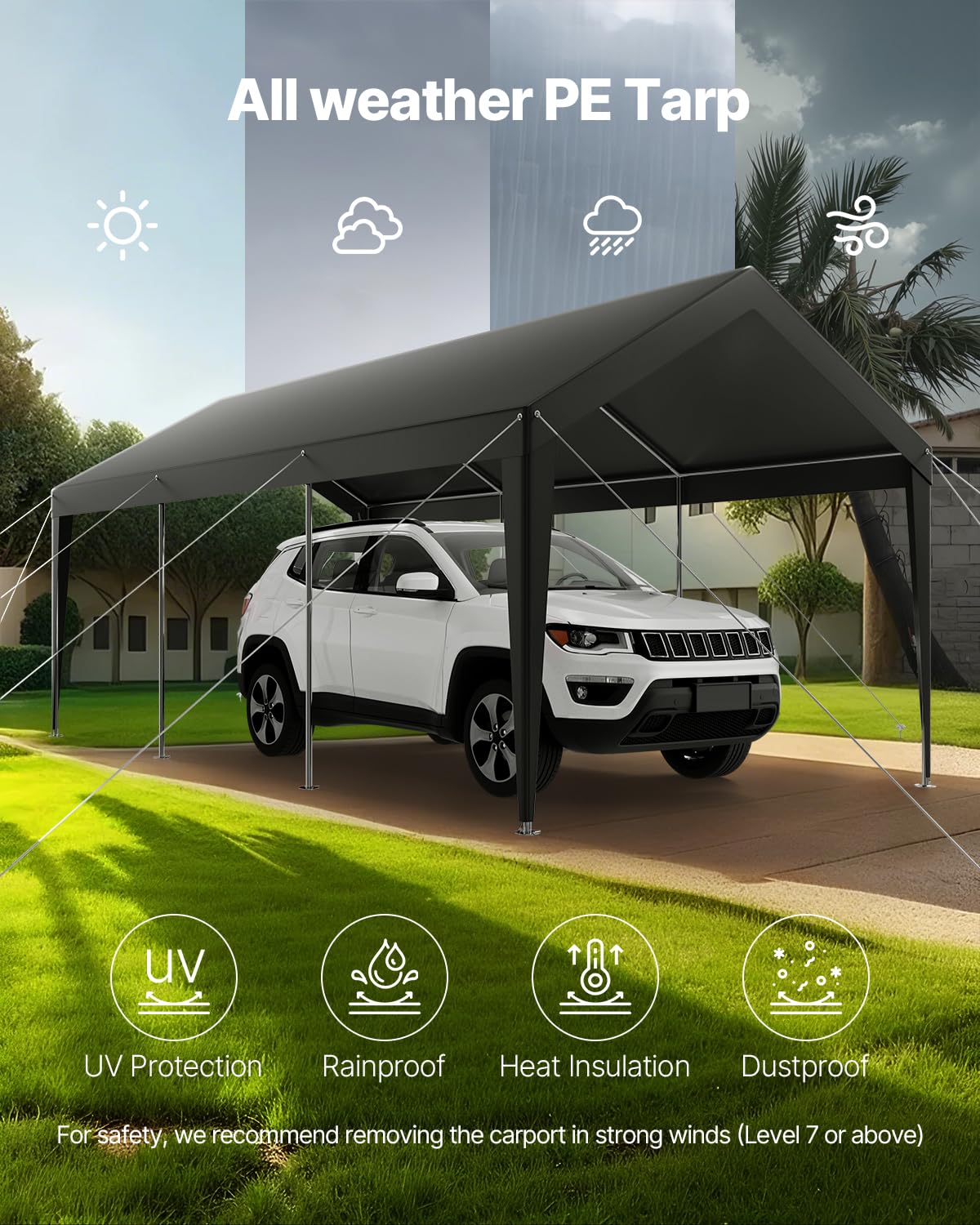 VEVOR Carport, 10 x 20 FT Outdoor Car Canopy, Potable Carport, Heavy Duty Galvanized Car Shelter, UV-Resistant & Water-Resistant, All-Season Protection, Storage Shed for Car Boat Motorcycle Grey VEVOR