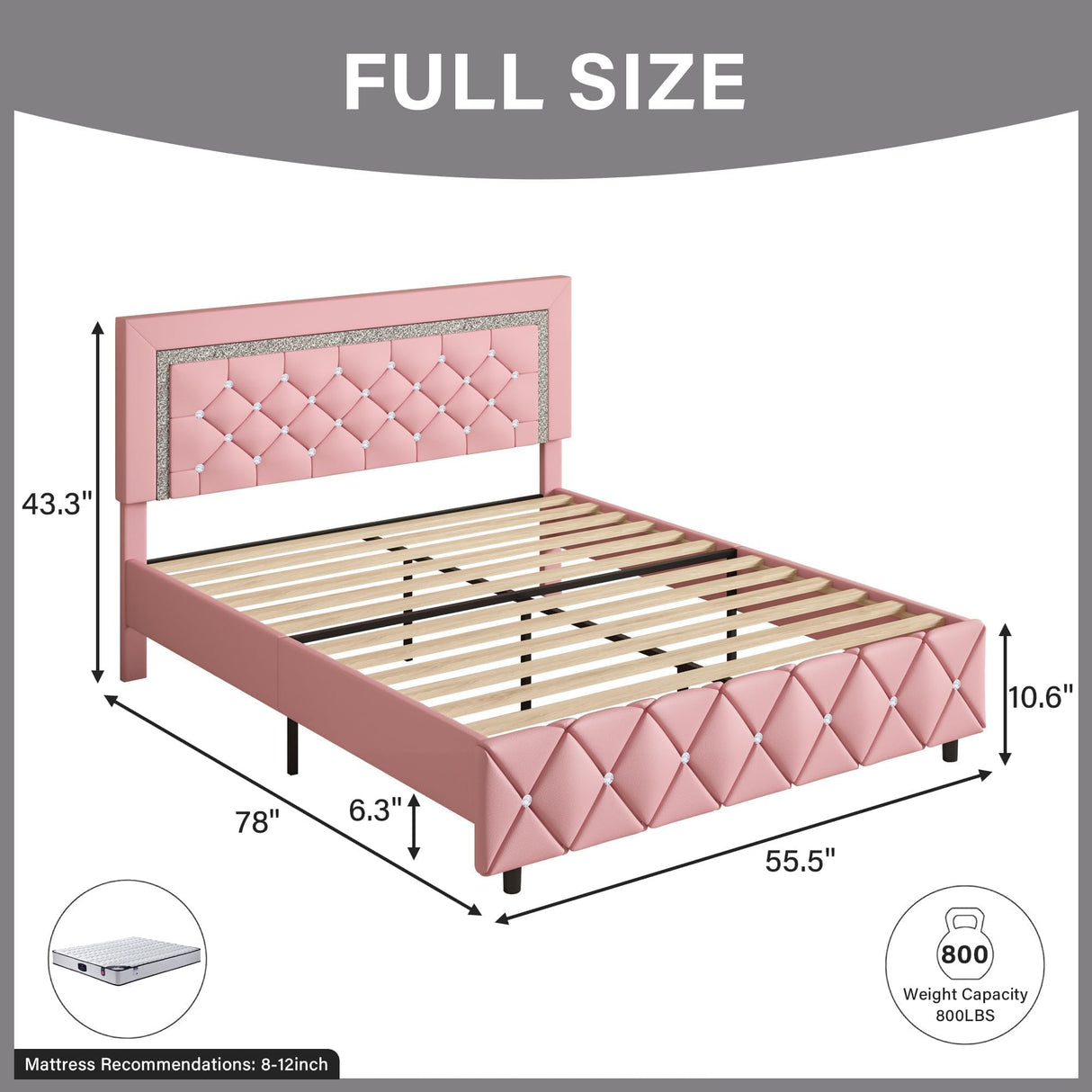 Full Size Bed Frame, Upholstered Platform Bed with Button Tufted Headboard, Princess Bed Frame with Diamond Design, No Box Spring Required, Easy Assembly, Pink BarnFurin