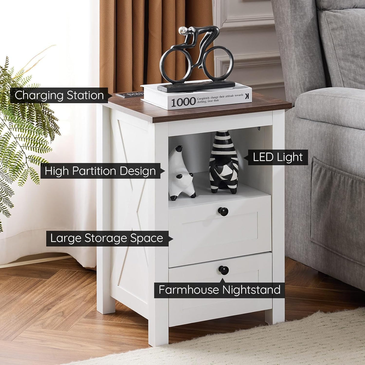 TrustKare Farmhouse Nightstand, White Nightstand with Charging Station and LED Lighting, Wood End Table with 2 Drawers, Smart Farmhouse Design Bedside Table for Bedroom Living Room TrustKare