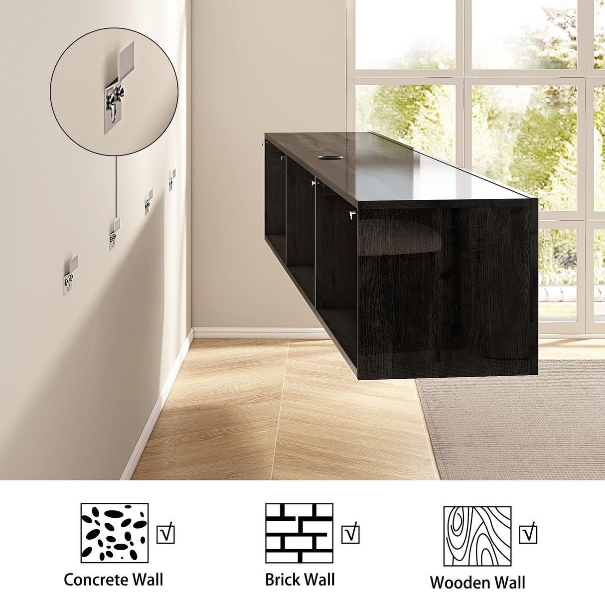 AMERLIFE 70" Floating TV Stand with LED Lights and Power Outlet, High Gloss Wooden Texture Wall Mounted Media Console Entertainment Center for TVs Up to 80", Black AMERLIFE