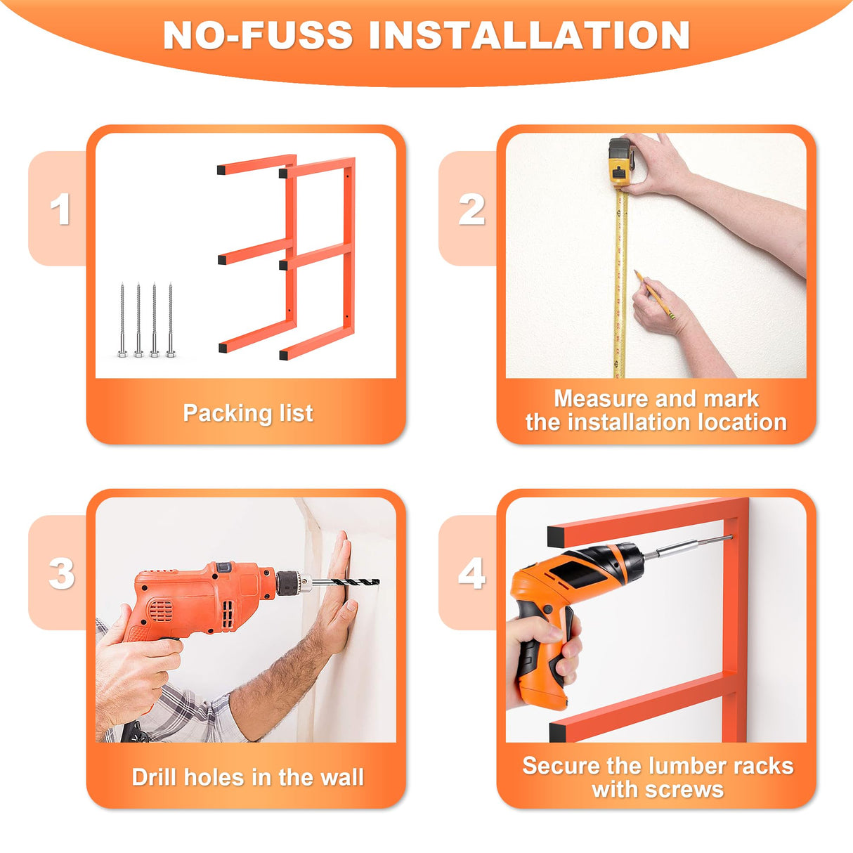 Ultrawall Lumber Storage Rack Wall Mount Wood Storage Racks, Metal Wood Organizer Racks for Shed, Workshop, Garage, Holds Up 220 LBS Per Level (Pack of 2, Orange) Ultrawall
