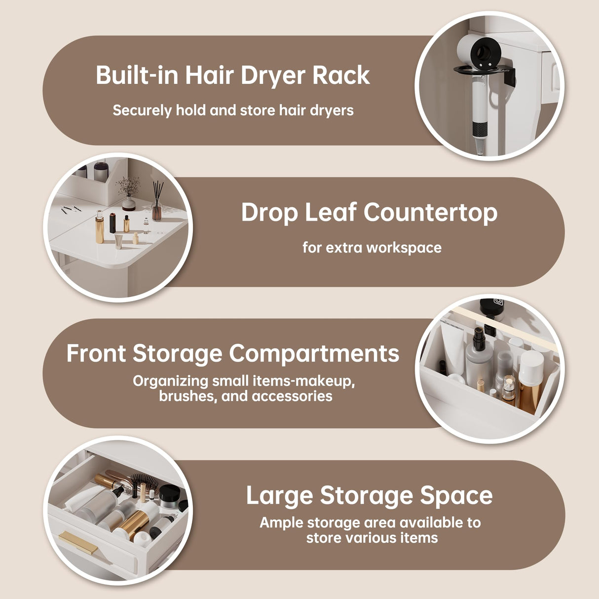 Homesflex Modern White Makeup Vanity Desk with Adjustable Lights, Mirror, and Storage - Complete Vanity Set with Drawers, Shelves, and Stool Homesflex