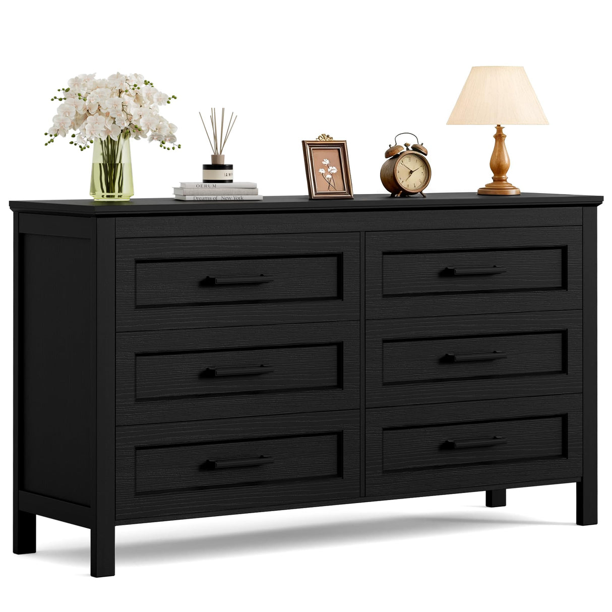 YESHOMY Black Dresser for Bedroom, Wooden 6 Drawer Dresser, Closet Storage Organizer Chest of Drawers for Living Room, Hallway, Closet