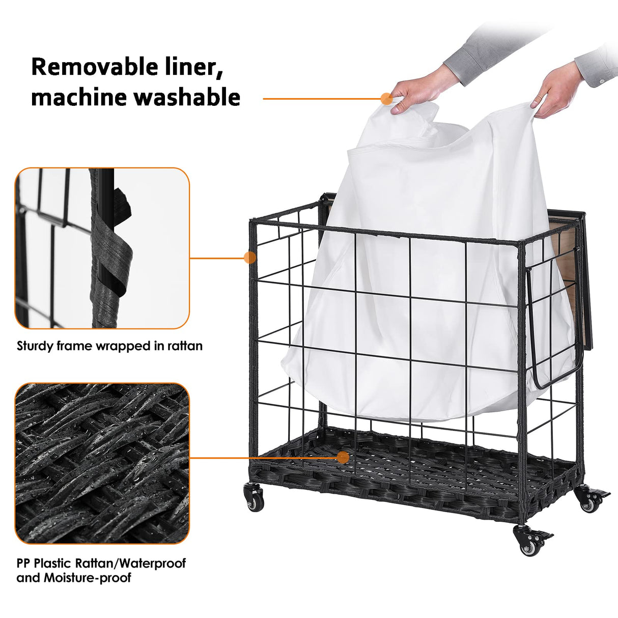 Laundry Hamper with Heavy Duty Caster Wheels; 3 Sections Clothes Hamper with Lid; 132L Laundry Basket with Removable Liner Bag; Laundry Sorter with Metal Handle (White) Hermina