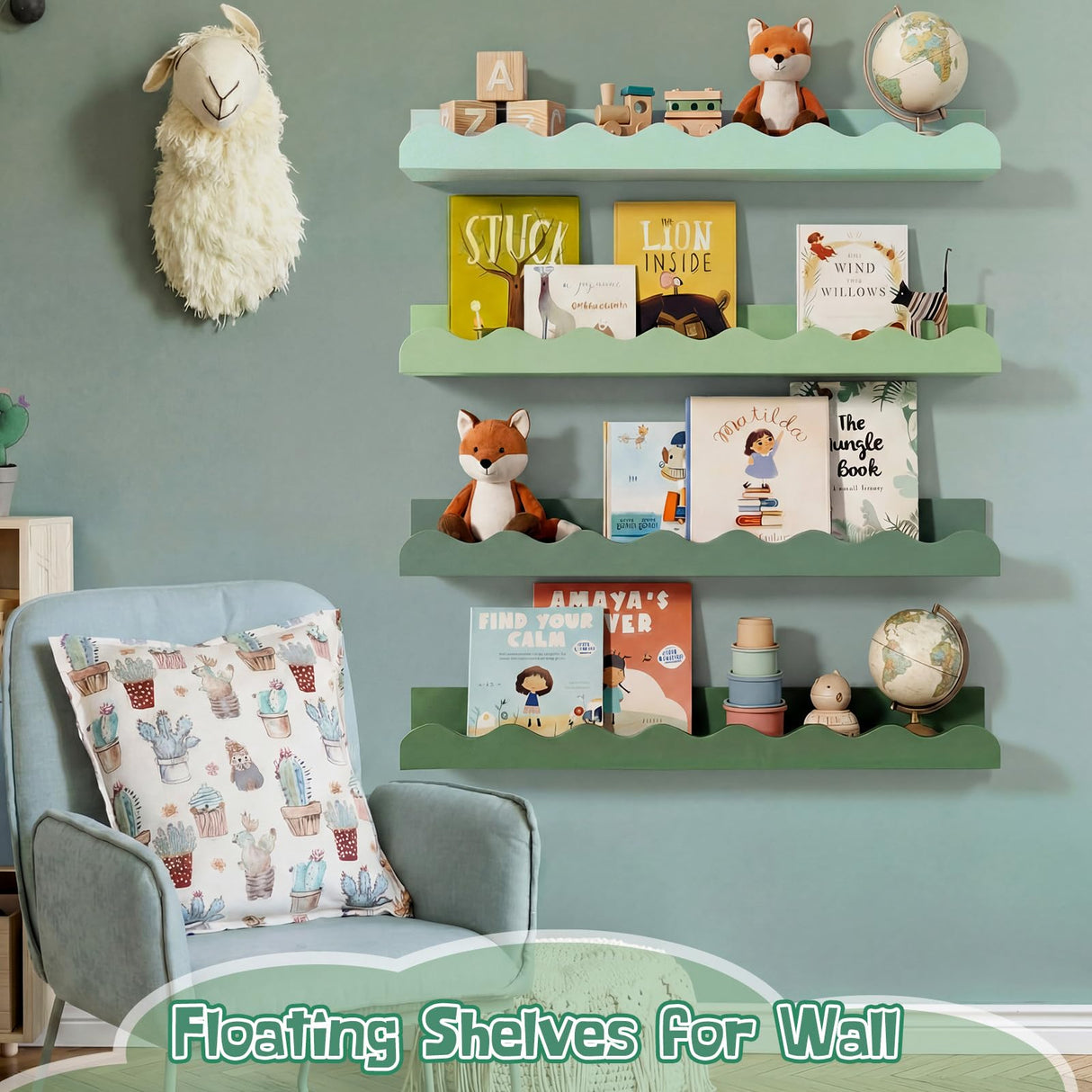 Fiwochic 4 Pcs Sage Green Scalloped Nursery Book Shelves, 15.75 Inch Wood Floating Wall Shelves for Bedroom, Cute Room Shelf for Picture Ledge Stuffed Animal Home Decor Kitchen Spice Fiwochic