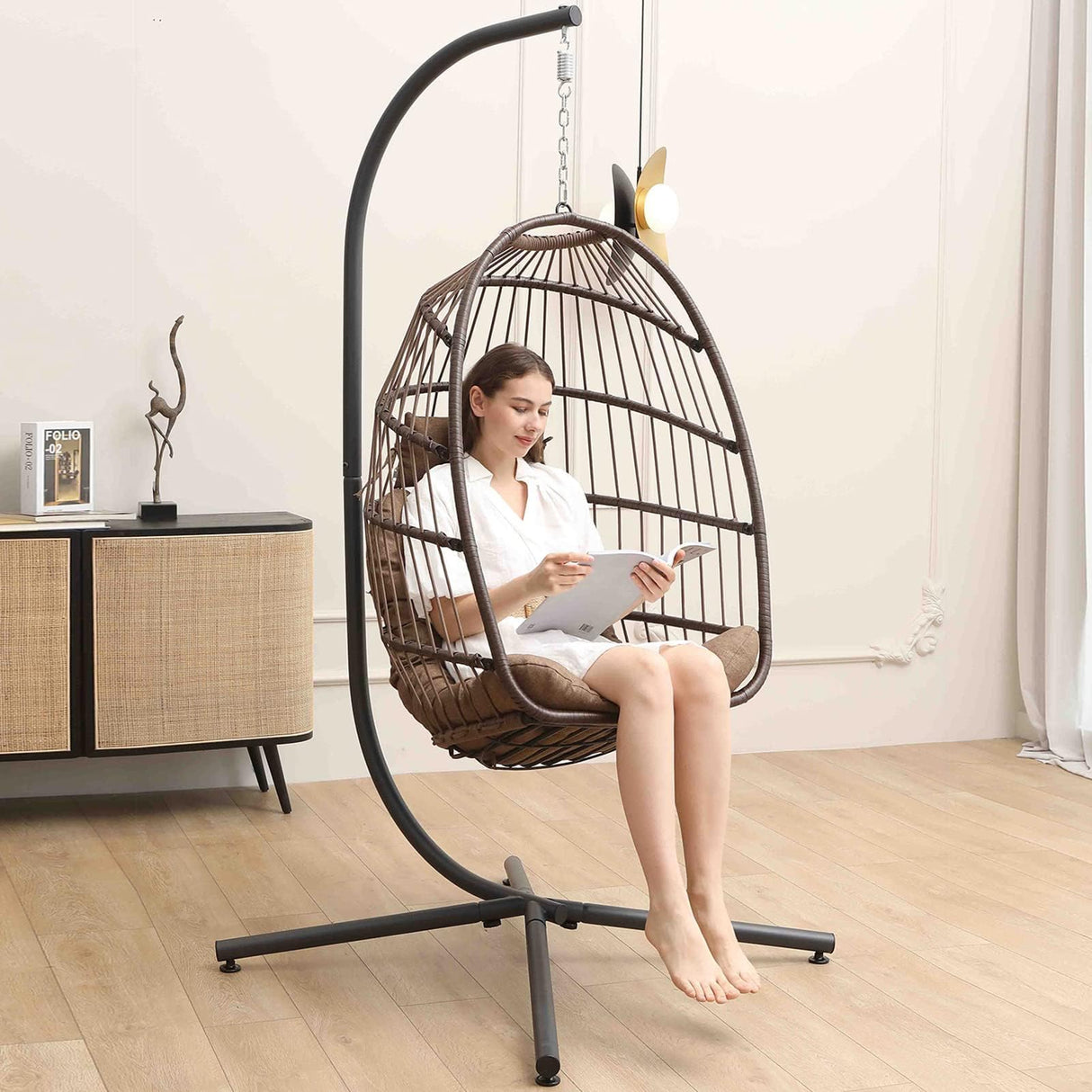 SWITTE Egg Chair Outdoor Indoor with Stand, Hanging Egg Swing Chair with Stand, Wicker Egg Chair with Cushion 350lbs Capacity for Patio (Brown) SWITTE