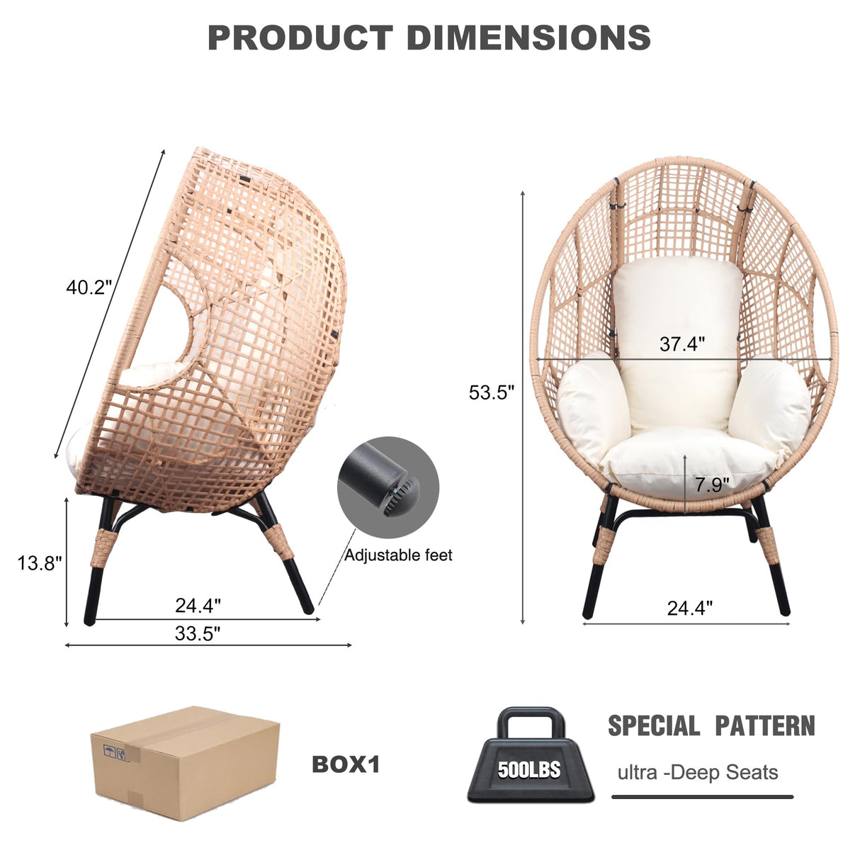 TQKVIPI 2 pcs Oversized Wicker Egg Chair Outdoor Indoor - Rattan Patio Egg Lounge Chairs with Cushion 500lbs Capacity for Living Room, Balcony, Backyard TQKVIPI