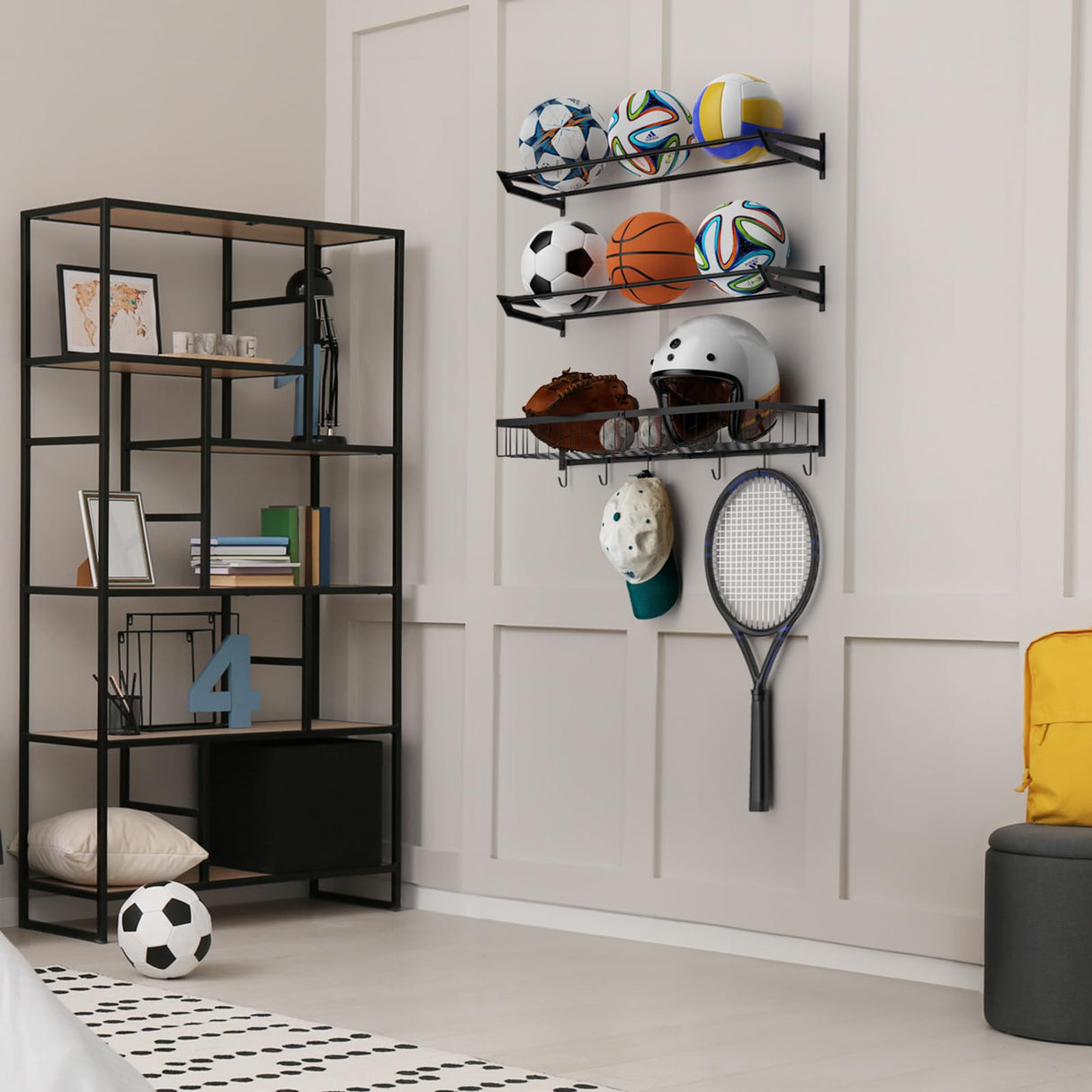 Ball Holder Wall Mount Garage Sports Equipment Organizer 3 Separate Wall Ball Storage Rack with 6 Hooks for Basketball Football Soccer Volleyball BTY