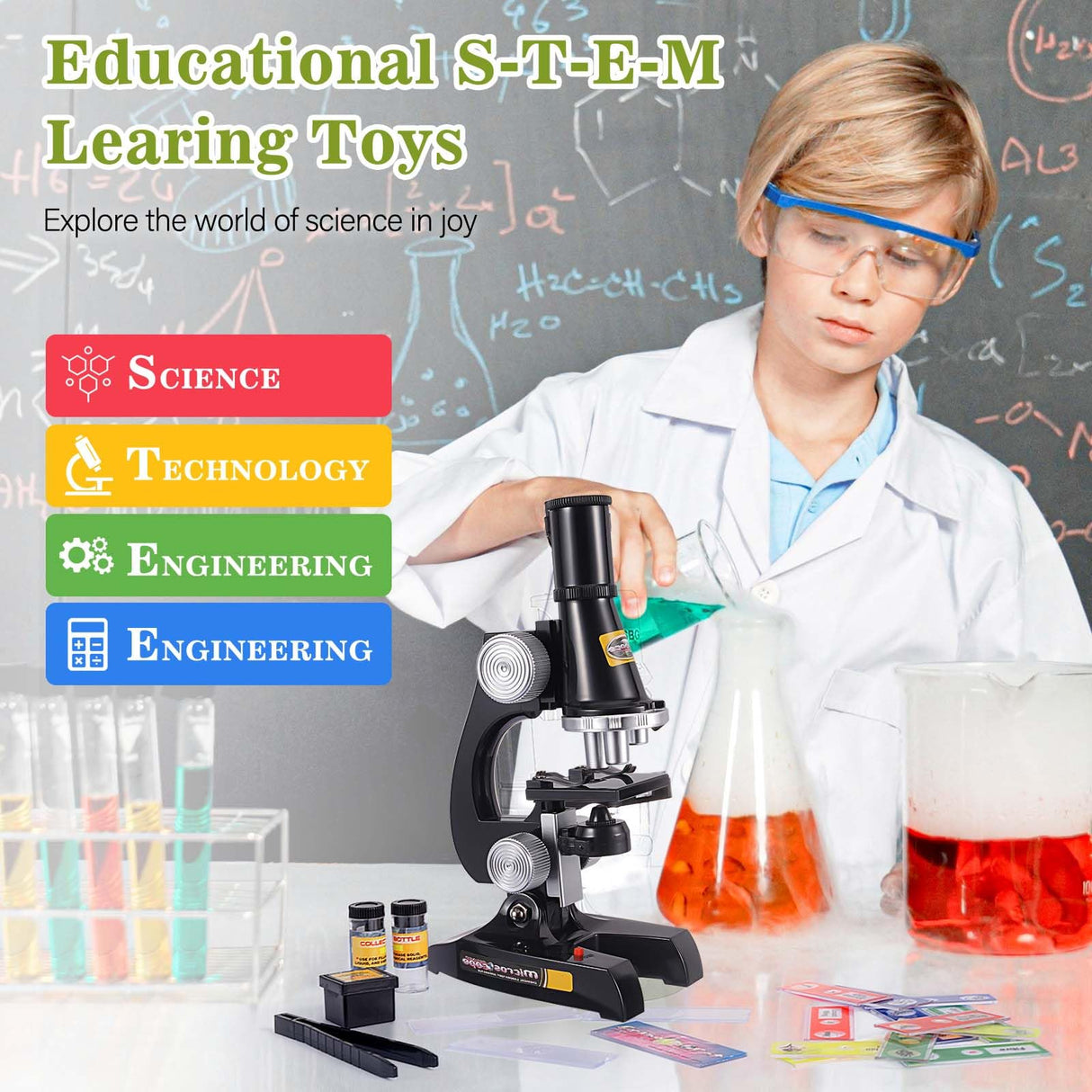 Science Kits for Kids Beginner Microscope with LED 100X 400X and 1200X-Include Sample Prepared Slides 12pc- Educational Toy Birthday Valentine's Day Gift Black Little World
