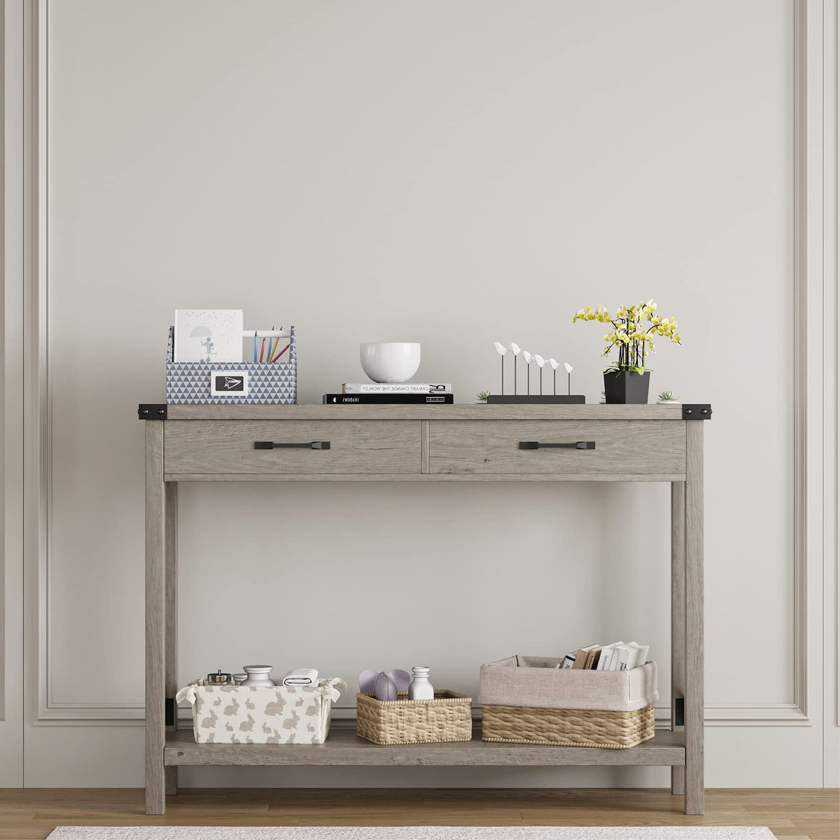 CABIHOME Farmhouse Entryway Table, Wooden Console Table with Drawers, 2 Tier Sofa Table with Storage, Console Table for Entryway, Living Room, Hallway, Foyer-Grey CABIHOME