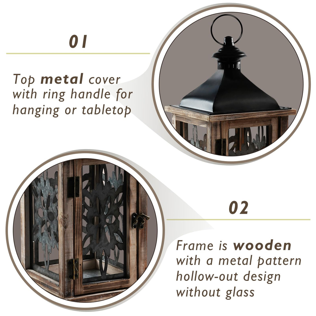 Homemory Rustic Christmas Farmhouse Lantern Decor, Wood & Metal 16'' Candle Lantern Hanging Candle Holders for Outdoor Indoor Home Living Room Patio Porch Table (Wood) Homemory