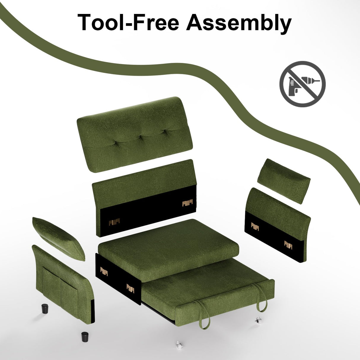 Vipbear 3 in 1 Sleeper Sofa Bed, Pull Out Couch with Reclining Backrest, Convertible Loveseat with Side Pocket, Tool-Free Assembly, Modern Chenille Loveseat for Living Room, Apartment, Green Vipbear