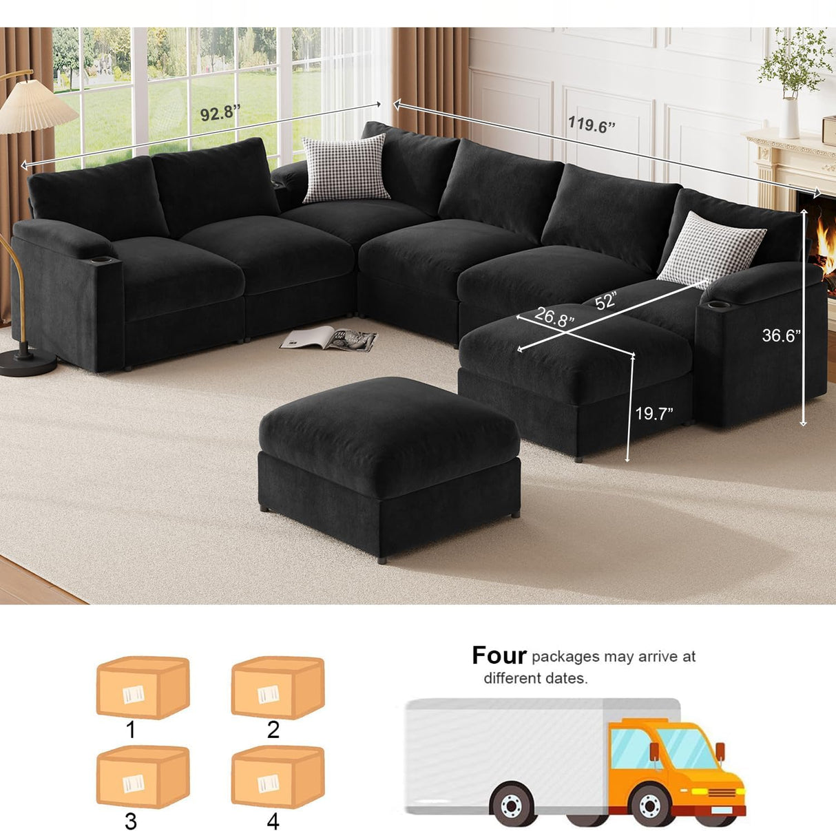 HOMYHOMEY Modular Sectional Sofa Couch for Living Room Velvet Couches Oversized U Shaped Convertible Sleeper Sofa Chaise Detachable Armrest Cushion Washable Cover Cup Holder (Black, 8 Seats) HOMYHOMEY