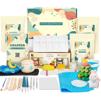 UHAPEER Air Dry Clay Kit for Adults, Pottery Set for Beginners with Clay, Sculpting Tools, Varnish, Pottery Paint, Step-by-Step Guide & Video, Gift for Arts Crafts Lover