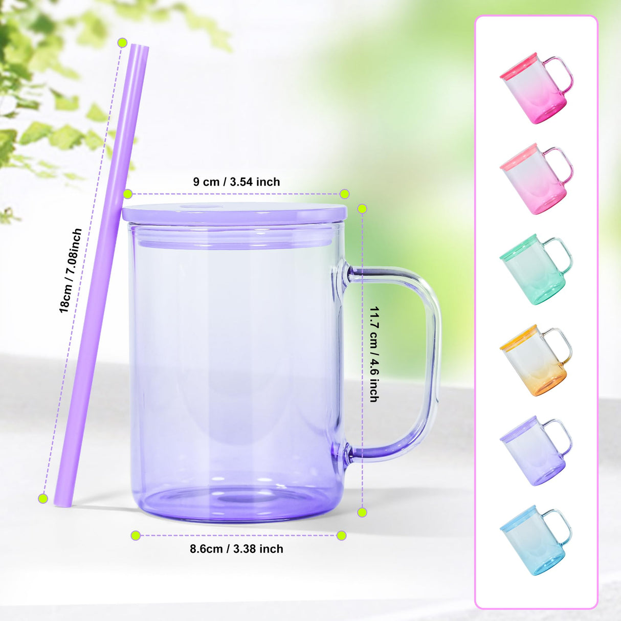 AGH 6 Pack Sublimation Glass Blanks with Colorful Lid and Straw, 16oz Gradient Colorful Glass Sublimation Beer Can with Handle, Sublimation Glass Cups, Sublimation Glass Tumblers AGH