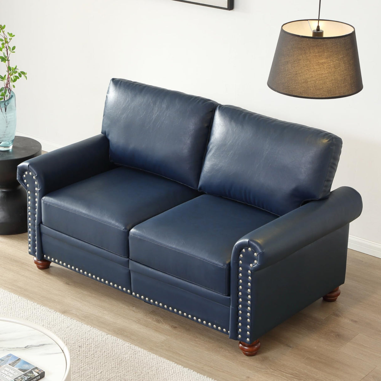 KEIKI 59.45" Chesterfield Sofa, Retro Style Upholstered Faux Leather PU Couch with Storage Space, Rolled Arm, Nailhead for Living Room Bedroom Office Apartment, Navy Blue KEIKI