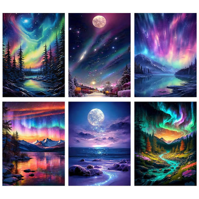 Fuinkqe 6 Pack Paint by Number Kit for Adults Beginner, Polar Lights Moon Landscape DIY Acrylic Painting Paint by Numbers Kits on Canvas for Gift Home Wall Decor 10x14inch