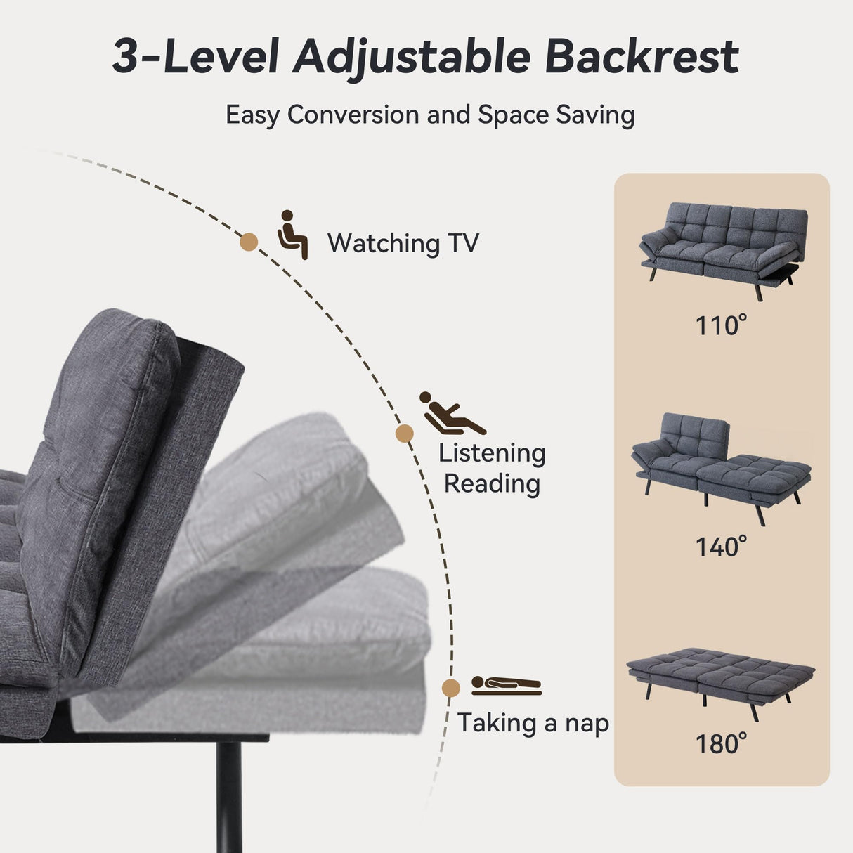 Cozysnooze Convertible Futon Sofa Bed Couch,Linen Fabric Futon Sofa Couch,Memory Foam Futons,Small Splitback Modern Loveseat Sleeper Couch Bed for Living Room,Office,Apartment,Dark Grey Cozysnooze