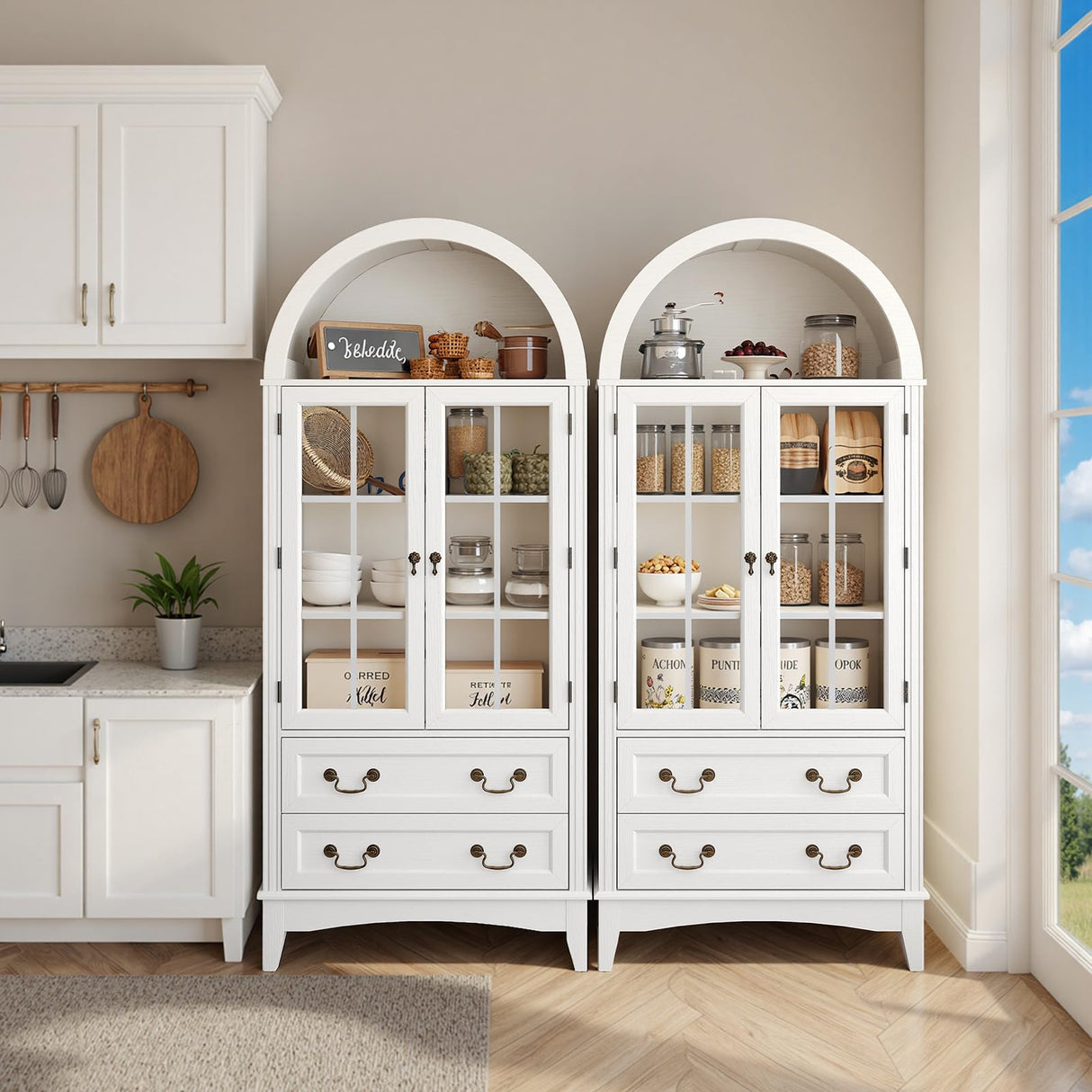 RALGEND 71'' Tall Arched Pantry Cabinet, Farmhouse Kitchen Pantry Cabinet with Glass Doors, Adjustable Shelves and 2 Large Drawers, Versatile Cupboard for Kitchen, Dining Room, White RALGEND