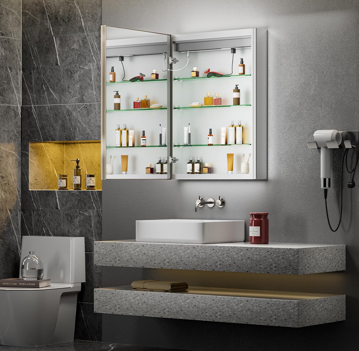 QueenFun 24x32 Lighted Medicine Cabinet with Mirror, Beveled Brushed Nickel Framed Surface or Recessed Fogless Dimmable LED Medicine Cabinet with Outlet, Time Display and Sensor Inner Light QueenFun