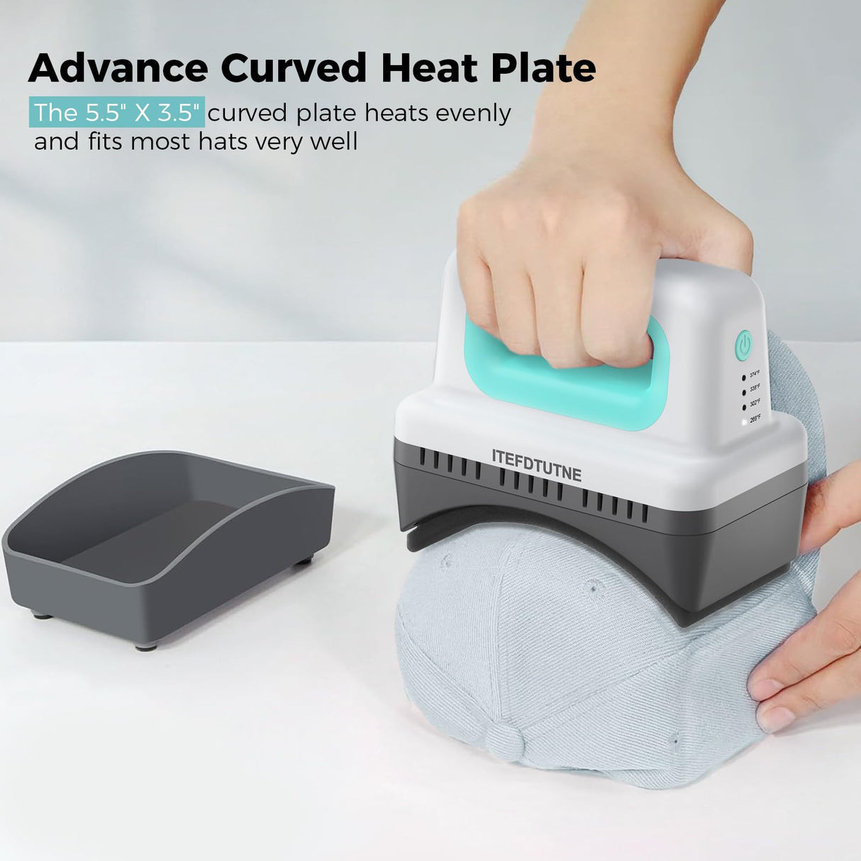 ITEFDTUTNE Hat Press Machine, Mini Hat Heat Press Machine with 4 Heating Levels & Auto-Off, Handheld Cap Easy Press with 3.5"×5.5" Curved Heat Plate, 2 Press Platens, A Safety Base, Green ITEFDTUTNE