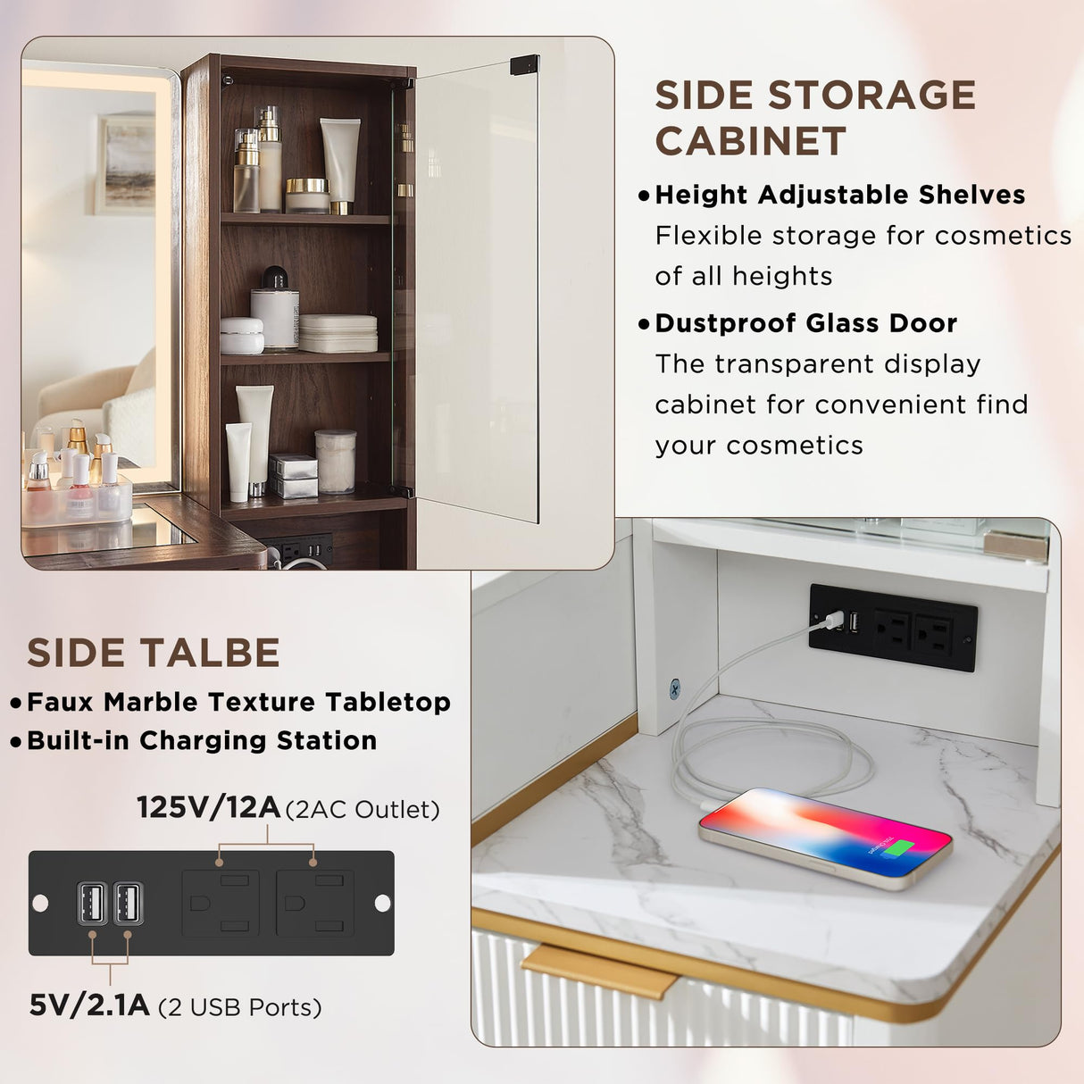 T4TREAM Fluted Makeup Vanity Desk with 36" HD Lighted Mirror, 48" Big Modern Vanity Desk with Mirror and Lights, Dressing Table with 5 Drawers & Shelves, Glass Top for Bedroom (Dark Walnut) T4TREAM