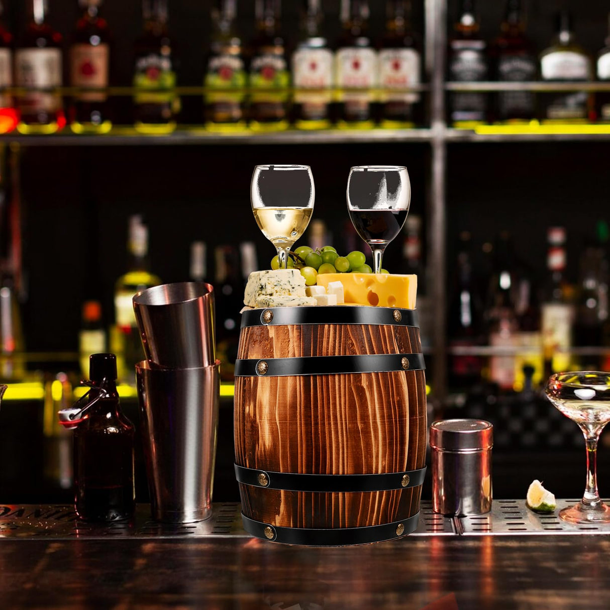 DECHOUS Wooden Wine Barrel Decor, Small Wood Barrel Decoration for Party, 12.2x6.3in Decorative Wooden Wine Barrel Table Small Whiskey Barrel Bucket Prop for Home Bar Party DECHOUS