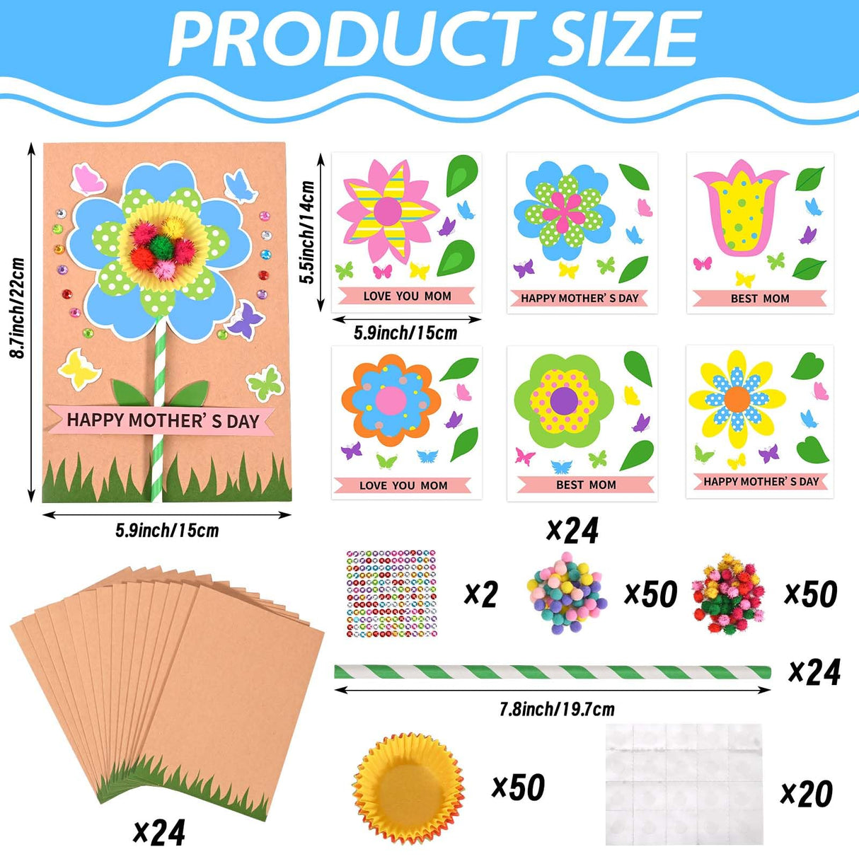 24 Sets Mother's Day Flower Card Craft Kit for Kids Spring DIY Flower Greeting Card Set Happy Mother's Day Card Making Kit for Mom Gifts Classroom School Home Activities Sanixin